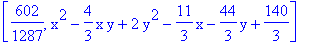 [602/1287, x^2-4/3*x*y+2*y^2-11/3*x-44/3*y+140/3]